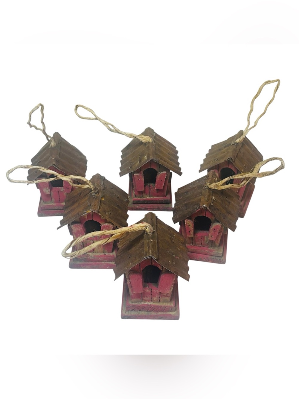 Rustic Primitive Red Wooden Birdhouse Ornaments Metal Roof Set of 6